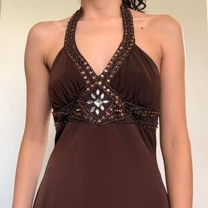 Y2K Brown Beaded Halter Midi Dress